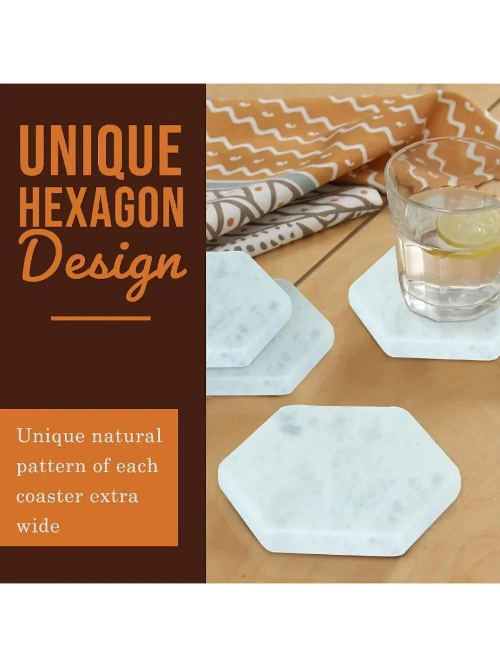 Set of 6 Hexagon Marble Coasters | Modern White Decor for Home & Office